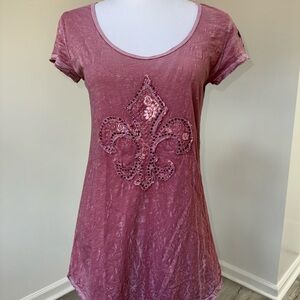 Velvet Stone Tee Long Pink Burnout Sequin Fleur de Lis Gothic‎ Y2K M USA